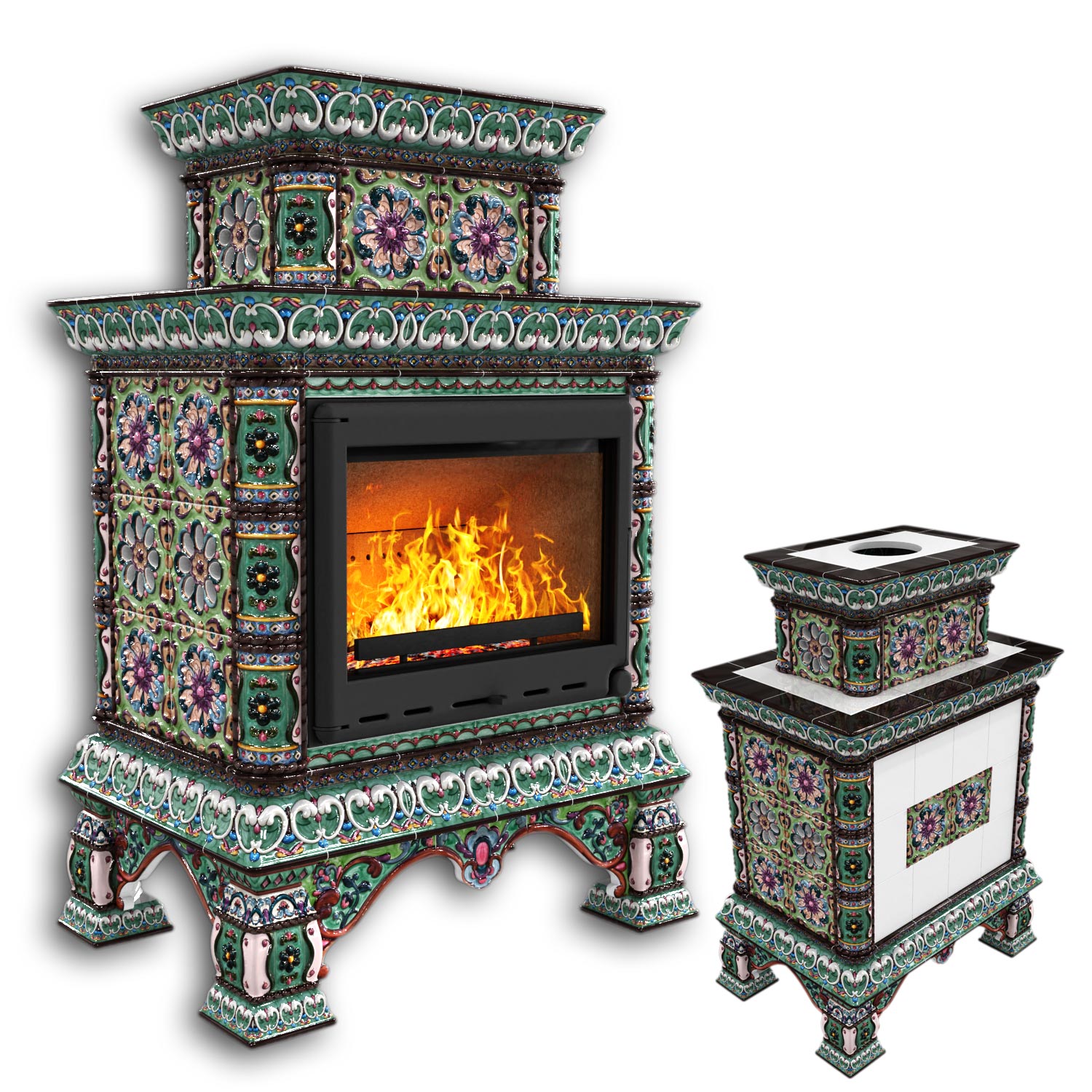 Изразцовый камин Кострома двухъярусный центральный Апрель (комплект изразцов) . Кострома