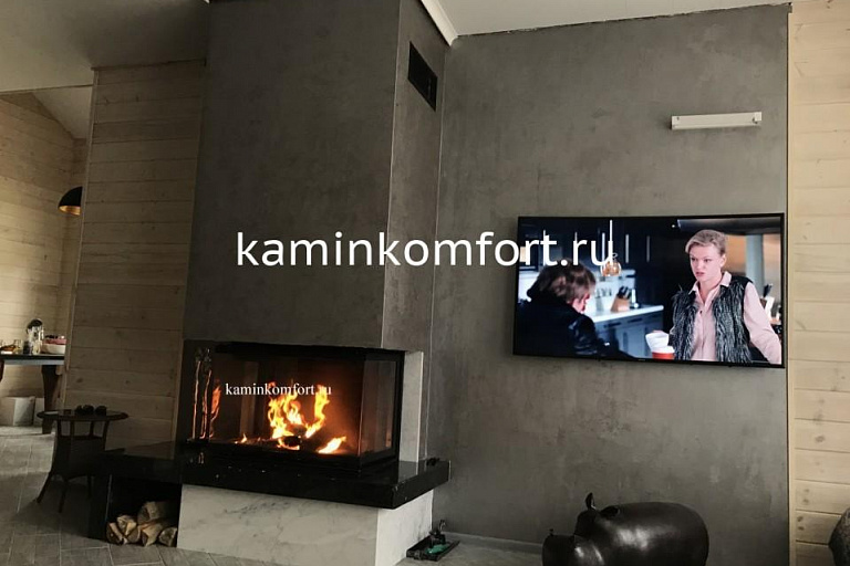 Трехсторонний камин ,отделка мрамор